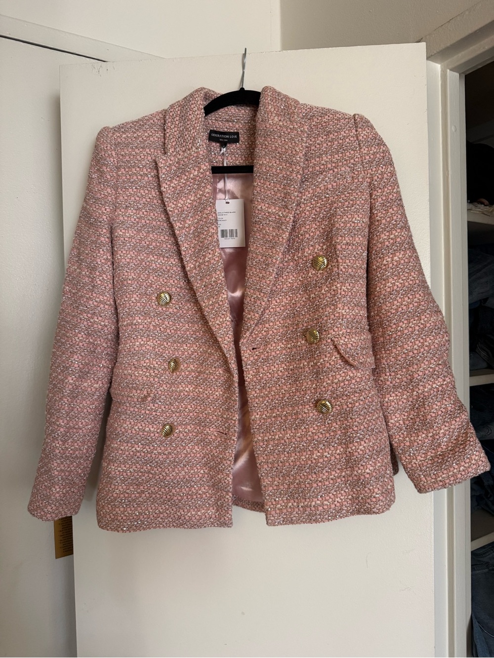 Zara Pink Tweed Double-Breasted Blazer Coat